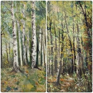 Vintage Art, Two (2) Paintings, Original, Birch Trees